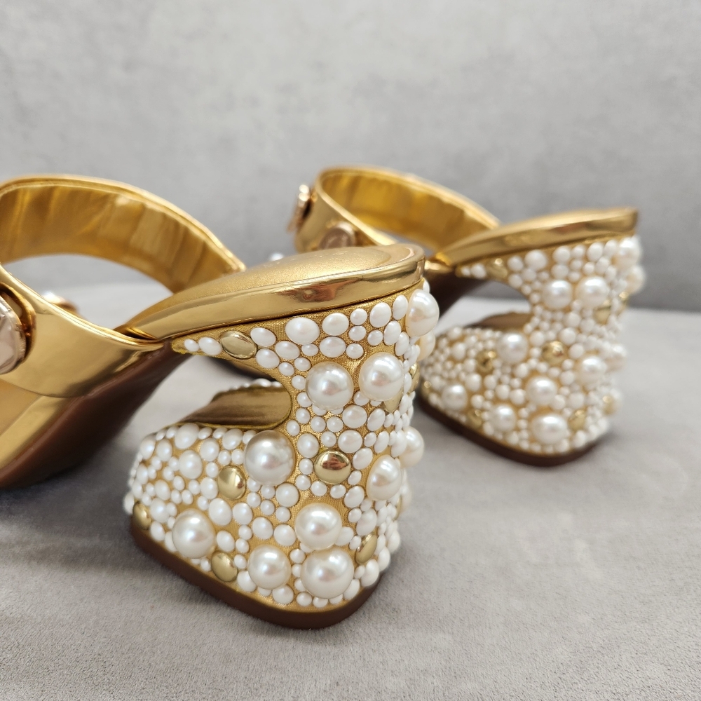 Gianni Bini Dress Sandals 9.5 Gold Penei Architectural Chunky Jewel Heel New$150 - Picture 13 of 17